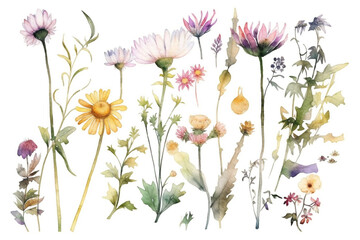 Obraz na płótnie Canvas delicate watercolor beautiful meadow flowers on white background. generative ai