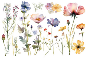 delicate watercolor beautiful meadow flowers on white background. generative ai