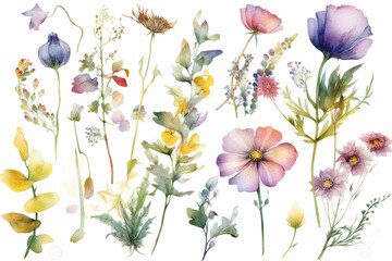 delicate watercolor beautiful meadow flowers on white background. generative ai