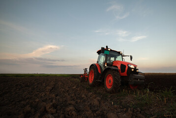 Fototapeta premium Tractor on the field during sunset.