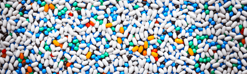 Pharmacy texture pattern with icon medical pill design. Wide banner has white outline on repeated linear backdrop, creating modern and sleek pharmaceutical wallpaper. Vector