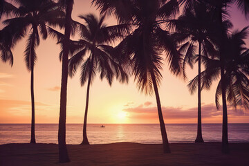 Fototapeta na wymiar Palm trees silhouettes on tropical beach at sunset. Modern vintage colors. Generative AI 