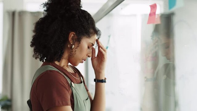 Woman, headache and stress in business brainstorming, planning or strategy in concern for project deadline. Tired female touching painful head or struggling with schedule tasks and ideas at workplace