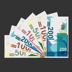 New Israeli Sheqel Vector Illustration. Indonesia, Timor-Leste money set bundle banknotes. Paper money 10, 50, 100, 200 ILS. Flat style. Isolated on white background. Simple minimal design.