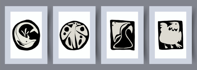 Animal fauna fish birds wall art print. Printable minimal abstract poster. Wall artwork for interior design. Contemporary decorative background. 