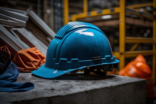 A blue safety helmet or hardhat, construction worker PPE, is placed in the factory workplace. Safety PPE object, Generative IA