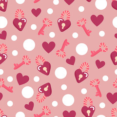 Seamless pattern with the image of a padlock with a key in the shape of a heart. Hand draw style. On a light background.