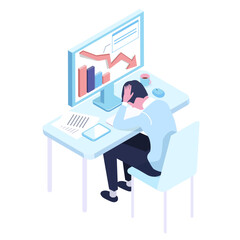 isometric illustration of person working on laptop with recession graph