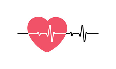Red heart with a pulse line on a white background. Heart pulse, lone heartbeat, cardiogram. Healthy lifestyle. Vector illustration in a flat style.