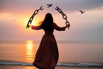 Une femme en robe rouge brise ses chaînes au lever du soleil sur une plage calme, avec des oiseaux volant autour d'elle symbolisant la liberté et l'espoir. La femme est un modèle 3D. Rendu 3D.
