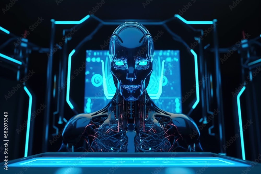 Poster Artificial intelligence in the image of the robot's head.Futuristic, modern illustration. Innovative technologies. Generative ai