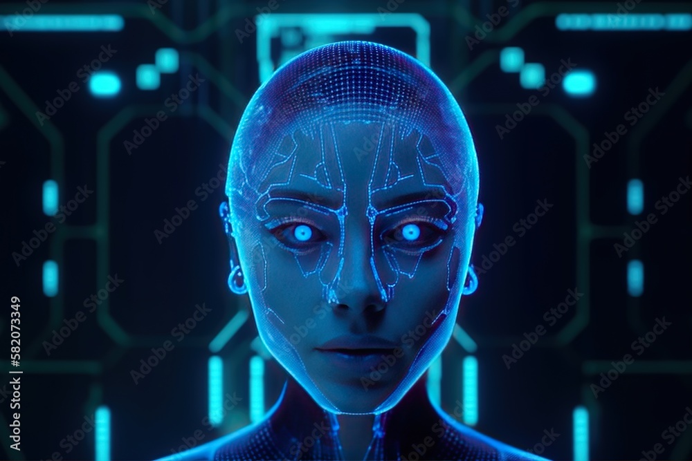 Poster Artificial intelligence in the image of a woman working with data.Futuristic, modern illustration. Innovative technologies. Generative ai