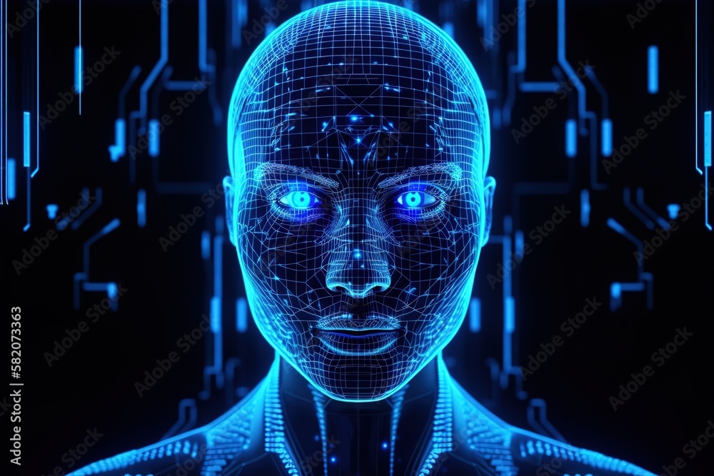 Poster artificial intelligence in the image of a woman working with data.futuristic, modern illustration. i
