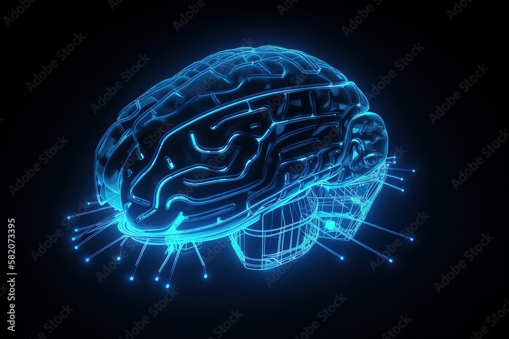 Poster Abstraction of neural networks, the concept of artificial intelligence in the form of an artificial brain.Futuristic, modern illustration. Innovative technologies. Generative ai
