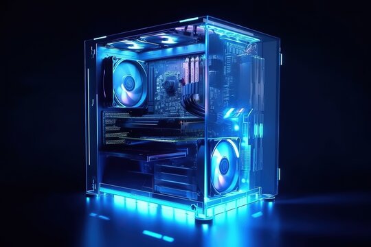 Gaming PC computer glowing in dark. Futuristic, modern illustration. Innovative technologies. Generative ai