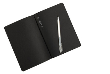 Black notepad with white pen isolated on white.