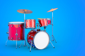 Drum kit on blue background, 3D rendering