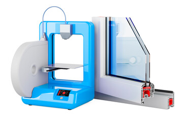 Plastic window profile with 3D printer, 3D rendering