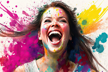 Excited young woman laughing. Splashed colors. Generative AI