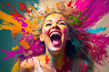 Excited young woman laughing. Splashed colors. Generative AI