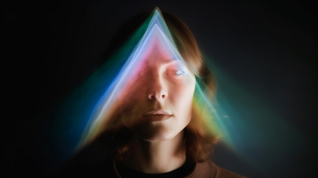 A mysterious woman with a prism of light over her face. She stands against a black background, and the rainbow hues illuminate her ethereal headshot. Generative AI.