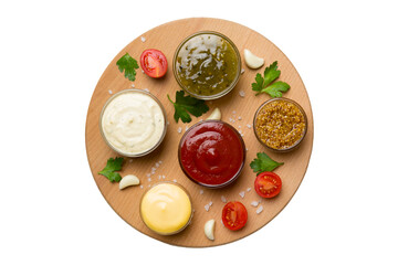 Many different sauces and herbs isolated on white background, flat lay top view. sauces on plate, healthy concept