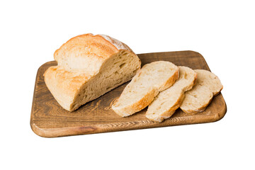Assortment of freshly sliced baked bread with napkin isolated on white background. Healthy unleavened bread. French bread slice