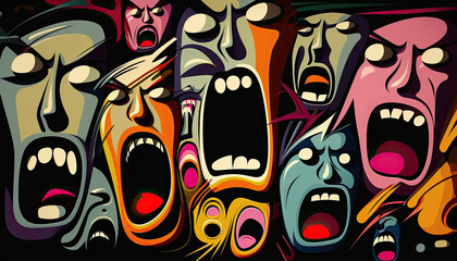 Fototapeta na wymiar Abstract faces of people screaming in despair. Colorful portraits on a black background. Generative AI