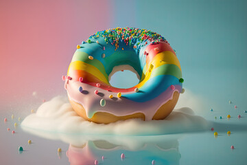 Colorful doughnut falling over a white liquid. Rainbow colors. Generative AI