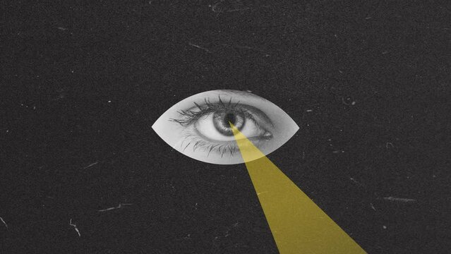 Stop motion, animation. Conceptual art. Female eye looking straight with confidence over black background. New vision, truth. Inner world, social influence, psychology, diversity concept. Surrealism.