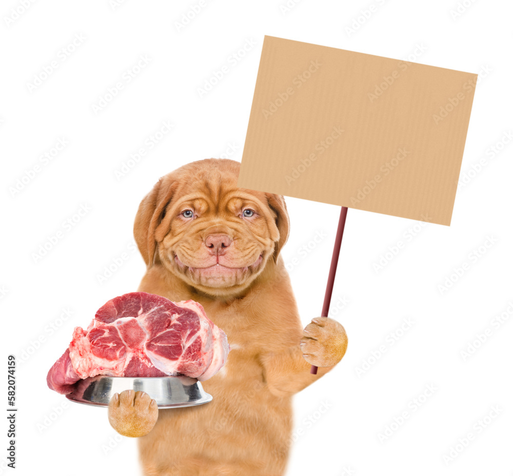 Aufkleber smiling puppy holds bowl of raw meat and empty placard. isolated on white background
