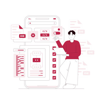 Mobile apps development back end engineering software prototyping and testing interface process concept illustration