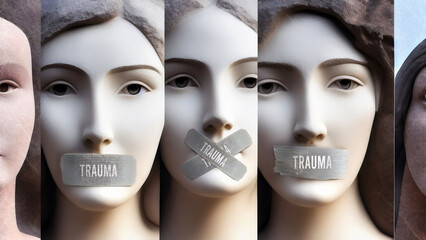 Trauma and silenced women. They are symbolic of the countless others who has been silenced simply because of their gender. Trauma that seek to suppress women's voices.,3d illustration