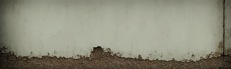 White wall with water damage stains and peeling paint texture is displayed in simple and minimalistic style. Bright light enhances ruined look of wall. Vector