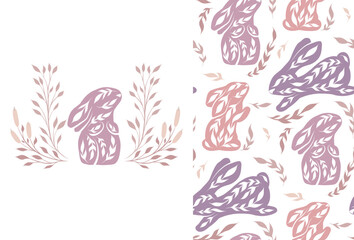 Set of vector seamless Easter pattern and card with decorated rabbits and flowers. Nursery texture and illustration with folk art bunnies