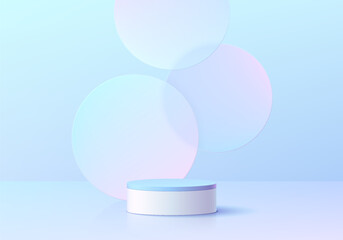 3D realistic white cylinder pedestal podium background with round circles overlap in blue hologram. Wall minimal scene mockup products stage showcase, Promotion display. Vector abstract empty room.