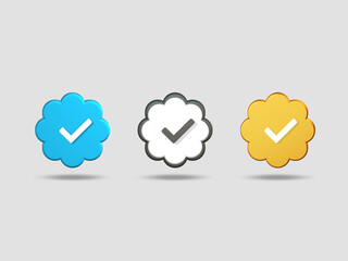 3d model of blue, grey and gold checkmark, front view render illustration