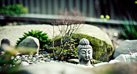 Miniature Buddha meditates in miniature zen garden for home, zen garden, relaxation, meditation, mini gravel, succulent, peaceful mind, soul, gravel, moss, grass, defocused, blur, generative Ai