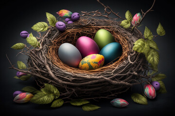 Fototapeta na wymiar colorful easter nest with easter eggs.Generative ai