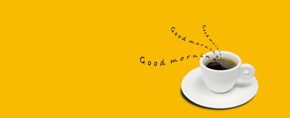 Minimal design Coffee Poster Advertisement Flayers with text good morning  with coffee cup on yellow background, space for text add.