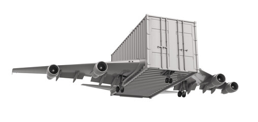 Cargo container with wings flying in the sky. Delivery concept. Png transparency