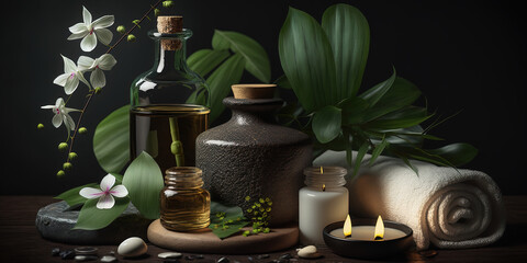 Spa-inspired still-life setting with oil bottles, fragrant candle, plants and flowers, towels on wooden background