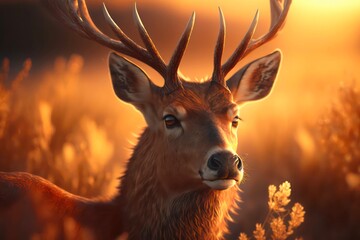 Portrait of a deer in morning. Generative AI.