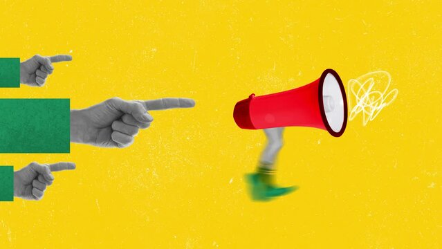 Stop motion, animation. Creative design. Important news. Megaphone on legs running forward. Social issues. Banner. Concept of surrealism, creativity, retro style, imagination. Copyspace for ad, text