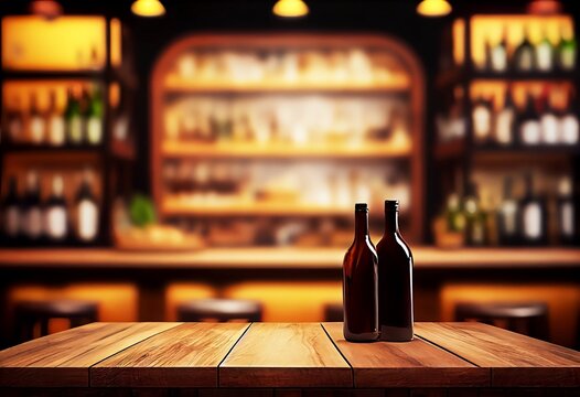Bokeh Background of Cafe Bar with Blurred Counter, Tables, and Wine Bottles