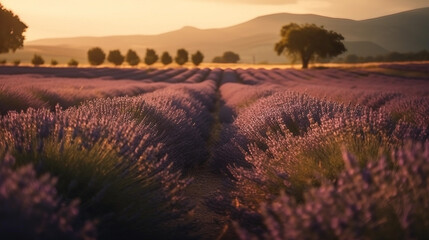 Fototapeta na wymiar scenic summer sunset in the field of provence full of lavender rows