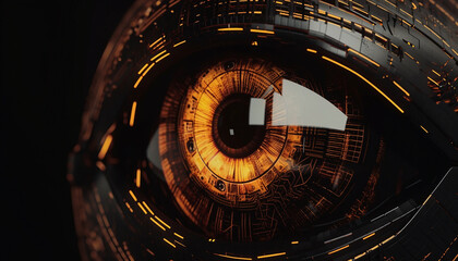 close up of high detailed robotic eye, with a golden circuit pupil, black and gold syntethic material