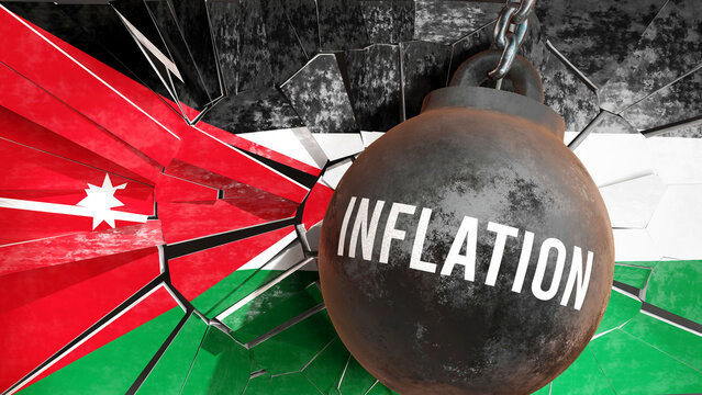 Inflation and Jordan, destroying economy and ruining the nation. Inflation wrecking the country and causing  general decline in living standards.,3d illustration