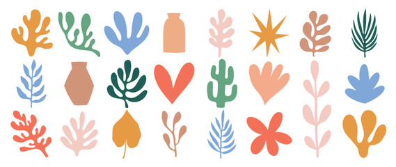 Plakat Set of abstract organic shapes inspired by matisse. Plants, cactus, leaf, algae, vase in paper cut collage style. Contemporary aesthetic vector element for logo, decoration, print, cover, wallpaper.