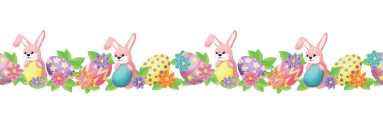 Obraz na płótnie Canvas Seamless border with cute bunnies and Easter eggs against a background of leaves, flowers, and butterflies. Eggs in pink, yellow and blue.